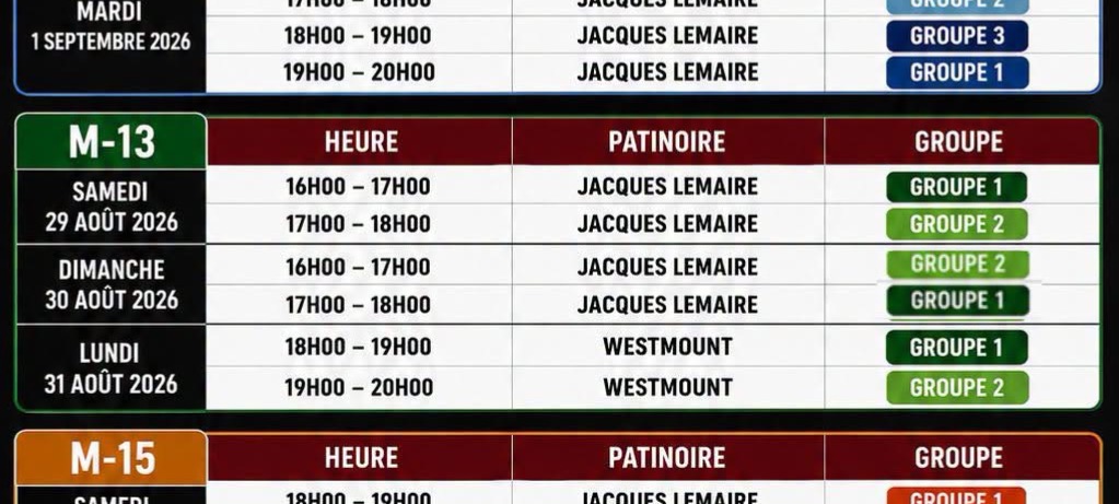 Horaire pour les camps de sélection 